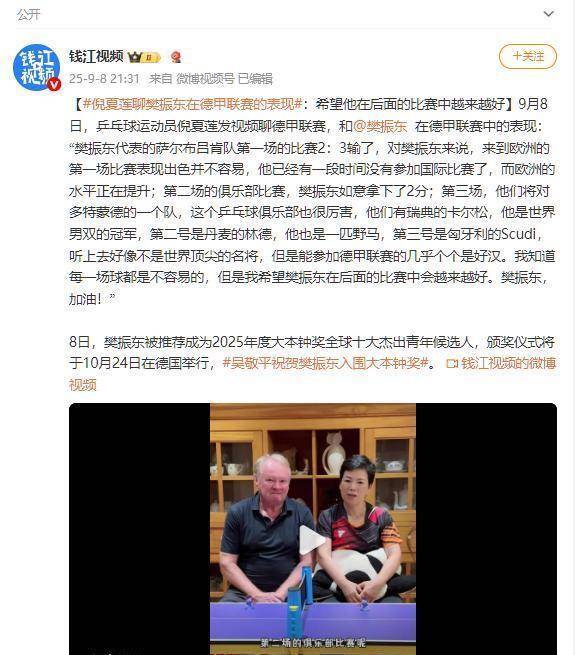 倪夏莲锐评樊振东德甲联赛,不提球技却一语中的,言语戳球迷心坎