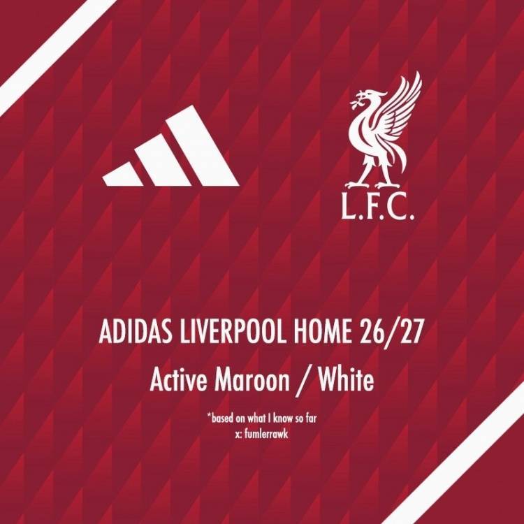 利物浦26-27赛季主场球衣谍照:采用深红色调+白色细节装饰